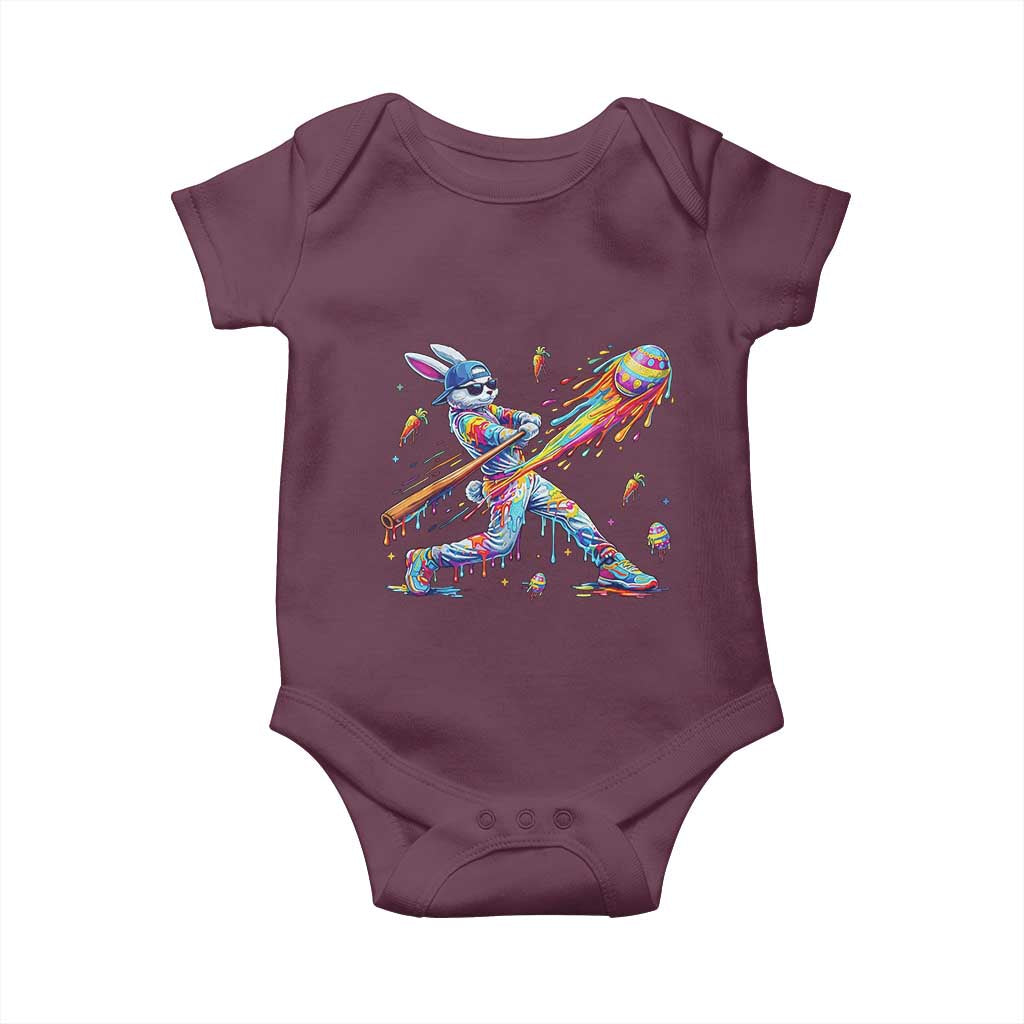 Cool Easter Bunny Baseball Player Neon Paint Splash Graphic Baby Onesie Funny Rabbit Sports with Egg Bat Hit Gift