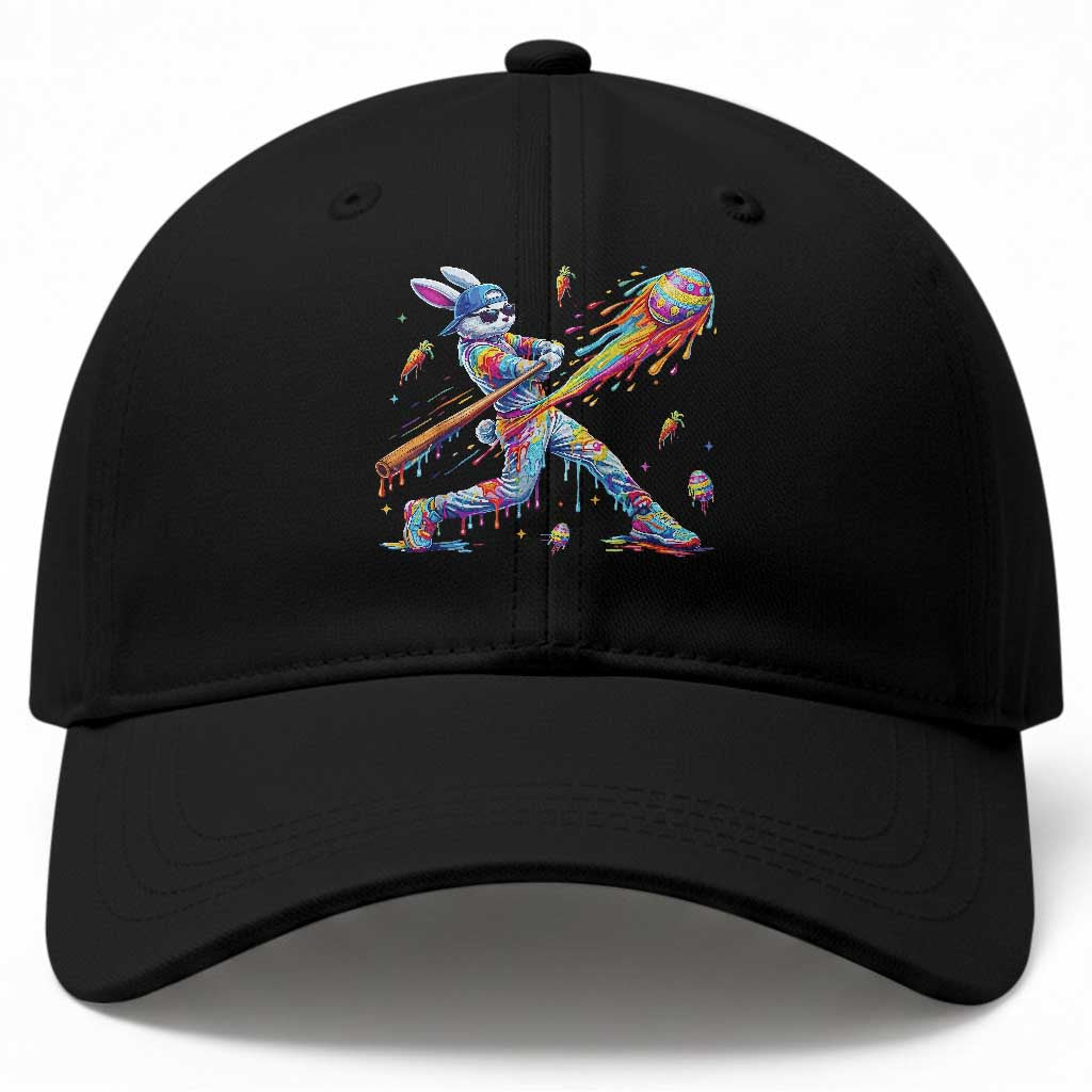 Cool Easter Bunny Baseball Player Neon Paint Splash Graphic Baseball Cap Funny Rabbit Sports with Egg Bat Hit Gift
