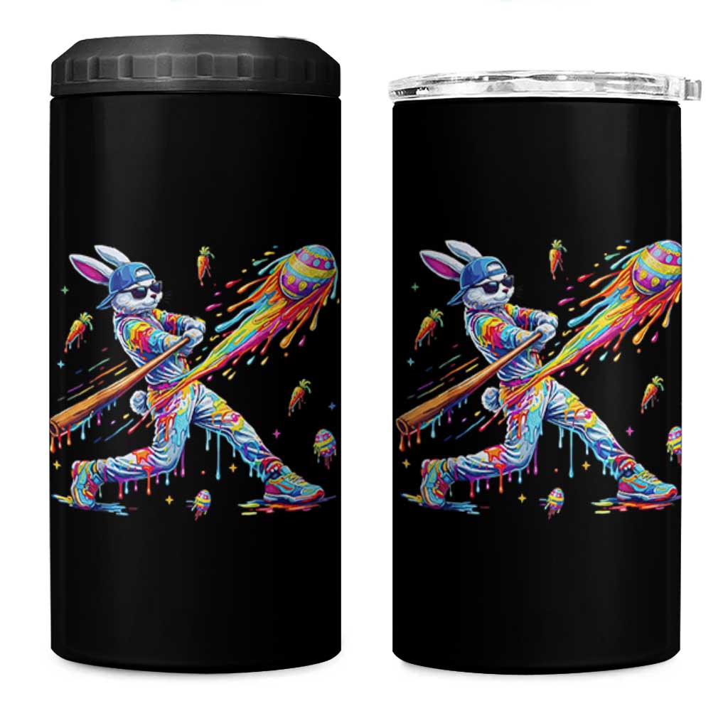 Cool Easter Bunny Baseball Player Neon Paint Splash Graphic 4 in 1 Can Cooler Tumbler Funny Rabbit Sports with Egg Bat Hit Gift