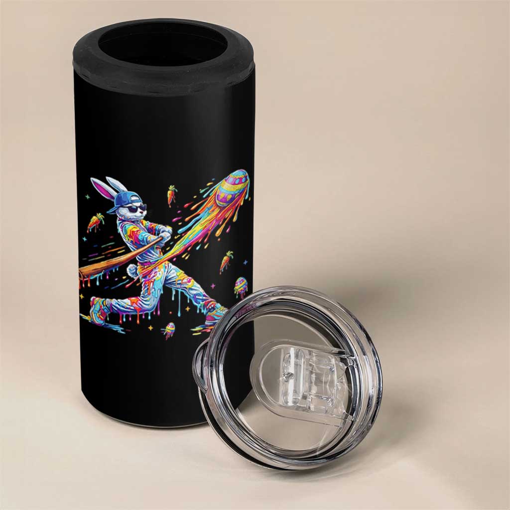 Cool Easter Bunny Baseball Player Neon Paint Splash Graphic 4 in 1 Can Cooler Tumbler Funny Rabbit Sports with Egg Bat Hit Gift
