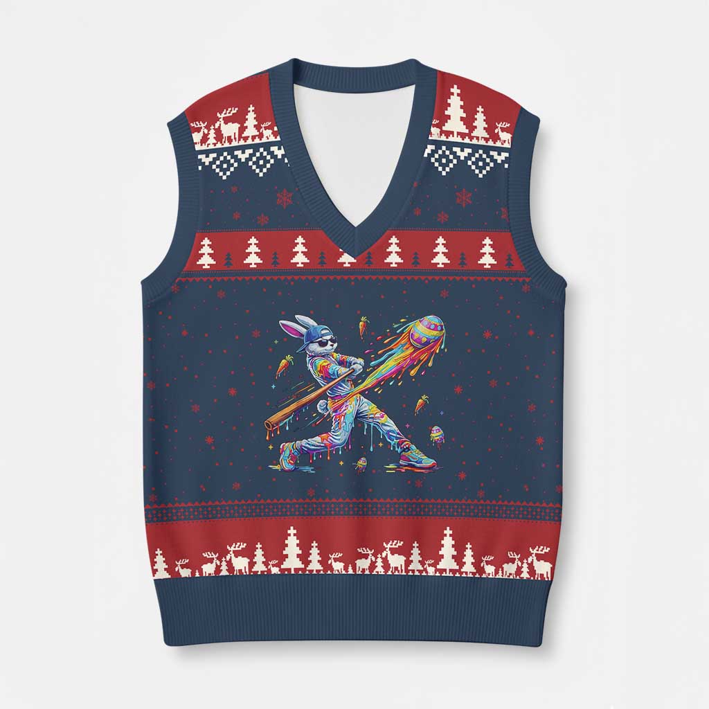 Cool Easter Bunny Baseball Player Neon Paint Splash Graphic V-Neck Knit Sweater Vest Funny Rabbit Sports with Egg Bat Hit Gift