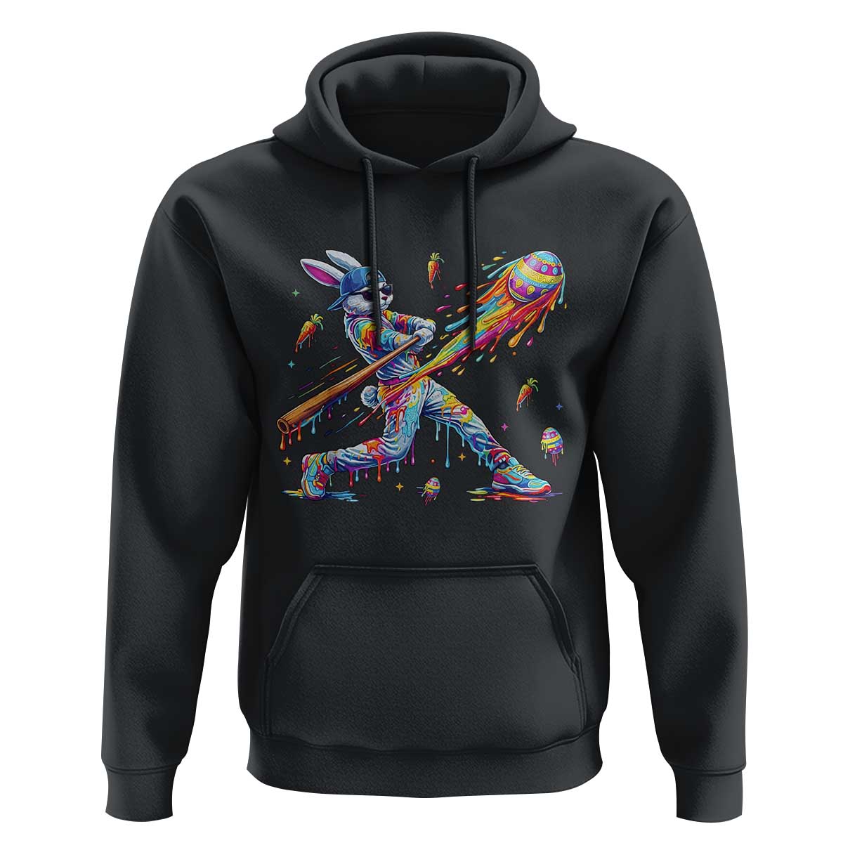 Cool Easter Bunny Baseball Player Neon Paint Splash Graphic Hoodie Funny Rabbit Sports with Egg Bat Hit Gift