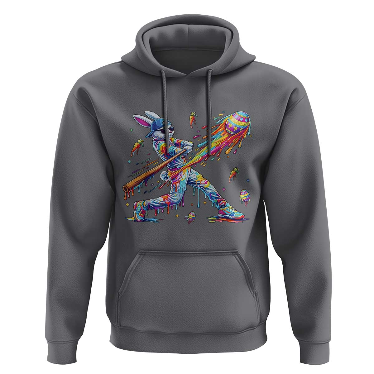 Cool Easter Bunny Baseball Player Neon Paint Splash Graphic Hoodie Funny Rabbit Sports with Egg Bat Hit Gift