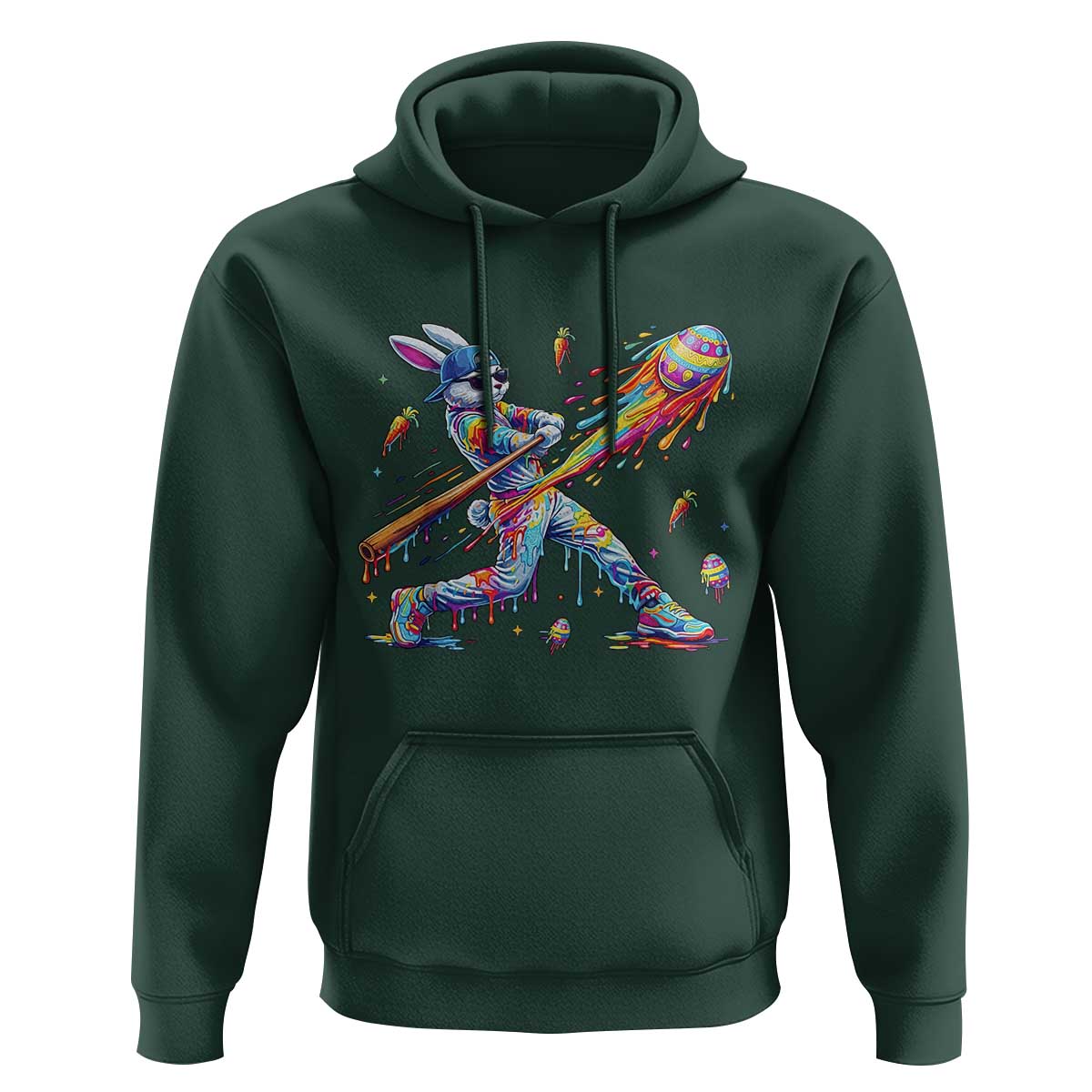 Cool Easter Bunny Baseball Player Neon Paint Splash Graphic Hoodie Funny Rabbit Sports with Egg Bat Hit Gift