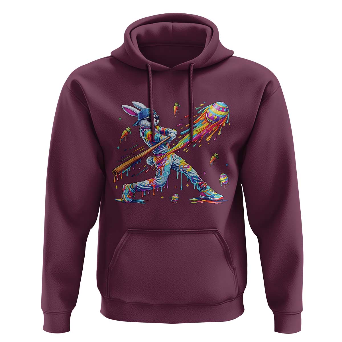 Cool Easter Bunny Baseball Player Neon Paint Splash Graphic Hoodie Funny Rabbit Sports with Egg Bat Hit Gift