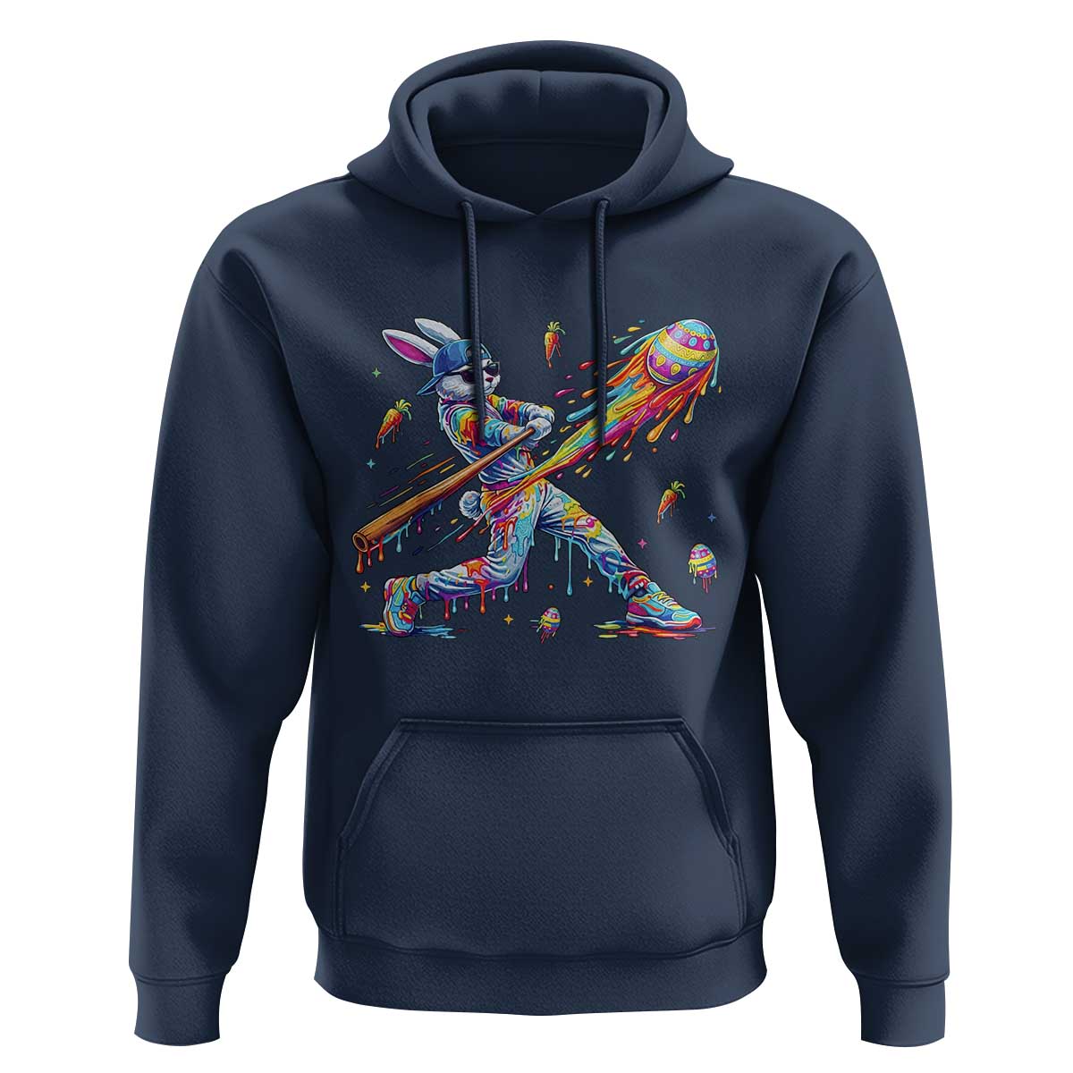 Cool Easter Bunny Baseball Player Neon Paint Splash Graphic Hoodie Funny Rabbit Sports with Egg Bat Hit Gift