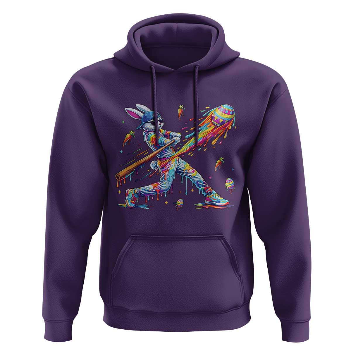 Cool Easter Bunny Baseball Player Neon Paint Splash Graphic Hoodie Funny Rabbit Sports with Egg Bat Hit Gift