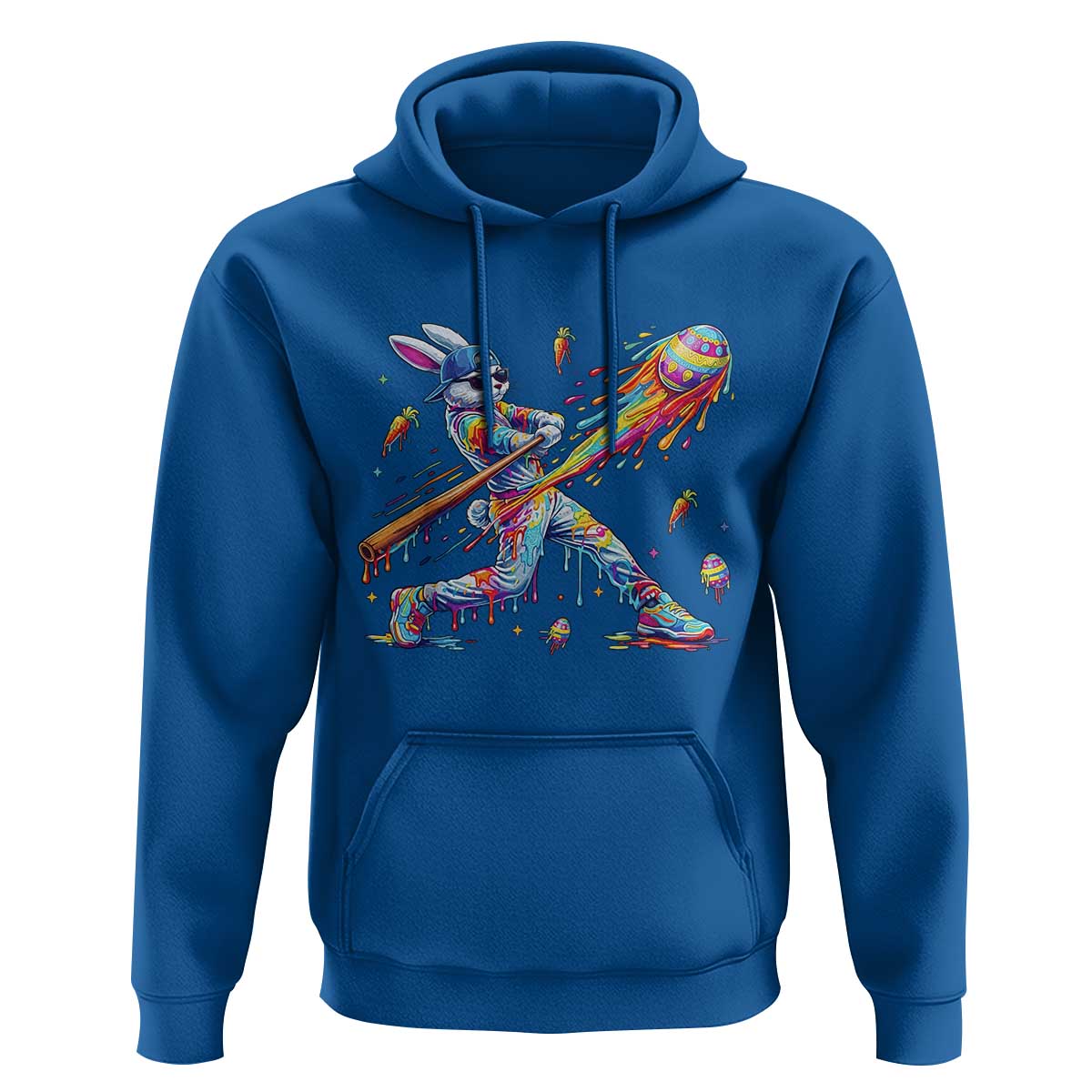 Cool Easter Bunny Baseball Player Neon Paint Splash Graphic Hoodie Funny Rabbit Sports with Egg Bat Hit Gift