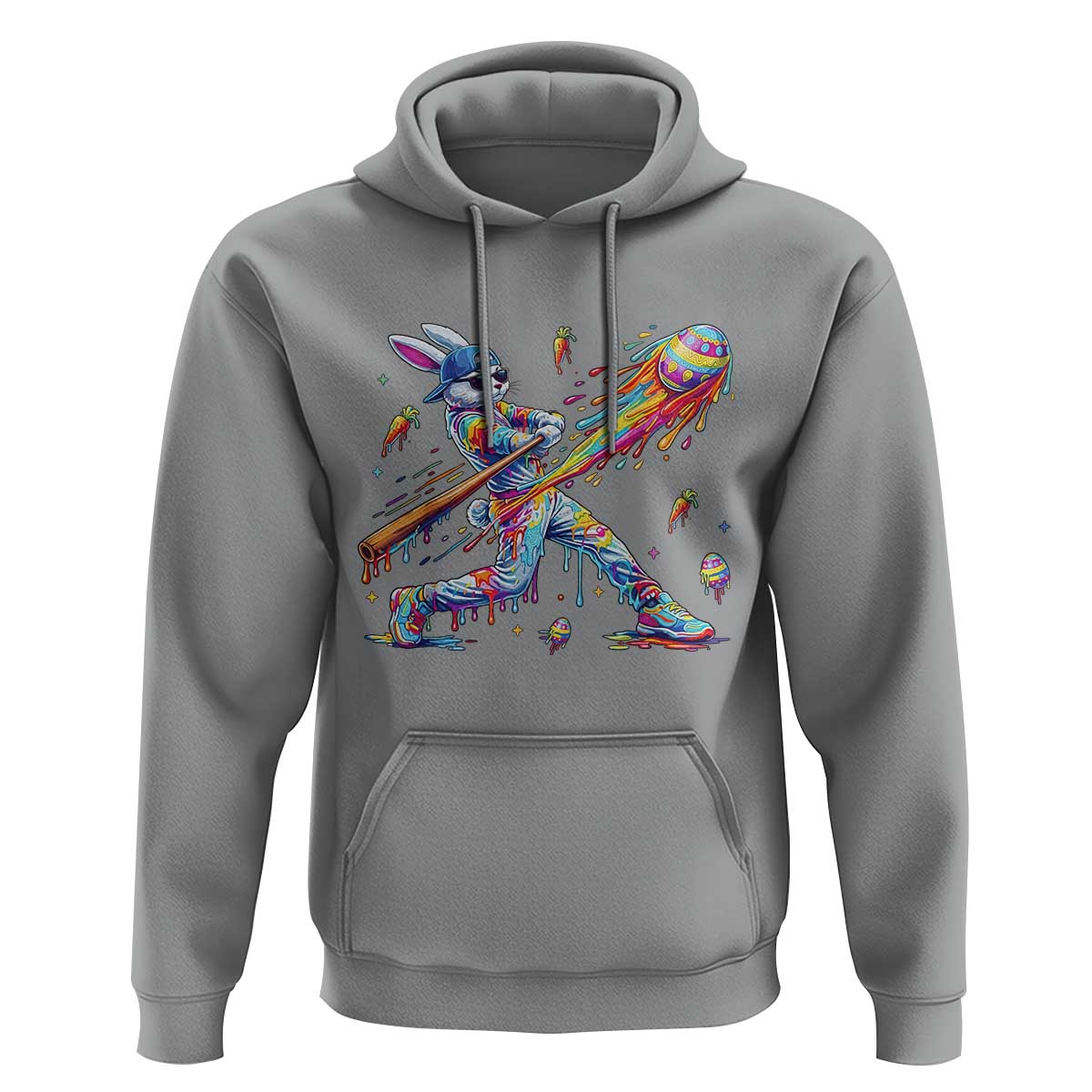 Cool Easter Bunny Baseball Player Neon Paint Splash Graphic Hoodie Funny Rabbit Sports with Egg Bat Hit Gift