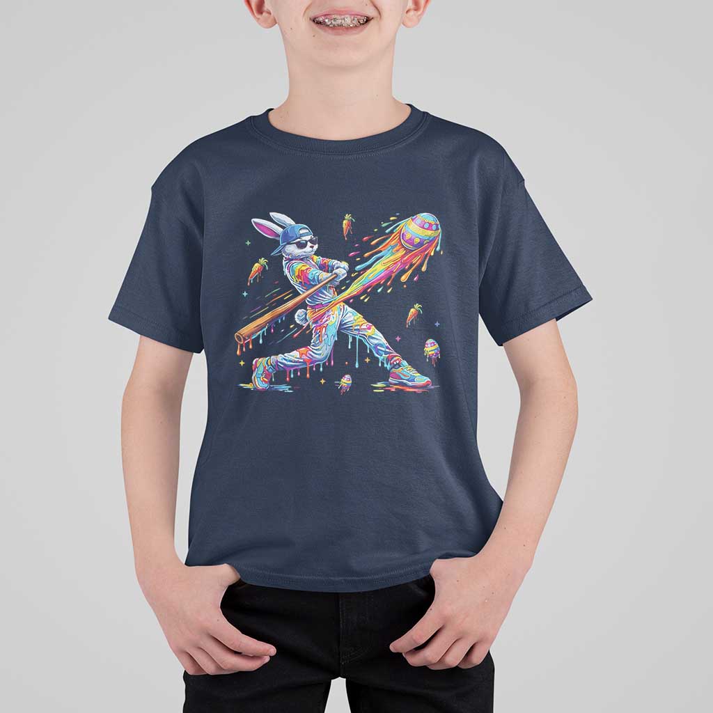Cool Easter Bunny Baseball Player Neon Paint Splash Graphic T Shirt For Kid Funny Rabbit Sports with Egg Bat Hit Gift