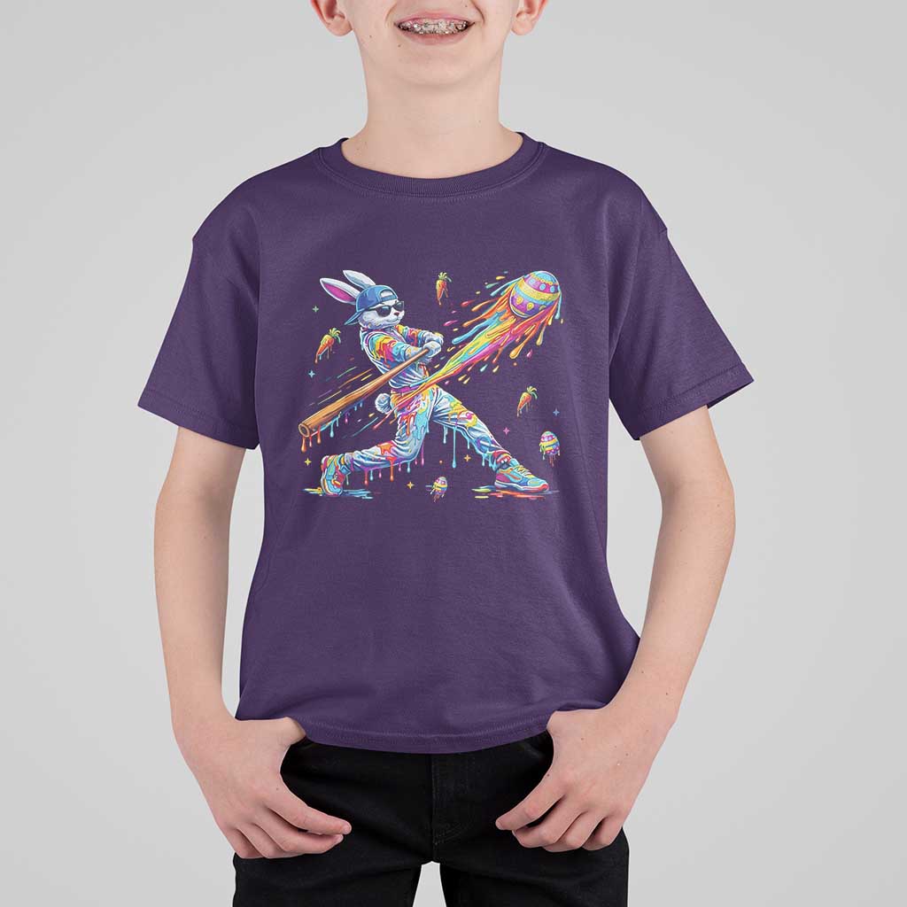 Cool Easter Bunny Baseball Player Neon Paint Splash Graphic T Shirt For Kid Funny Rabbit Sports with Egg Bat Hit Gift