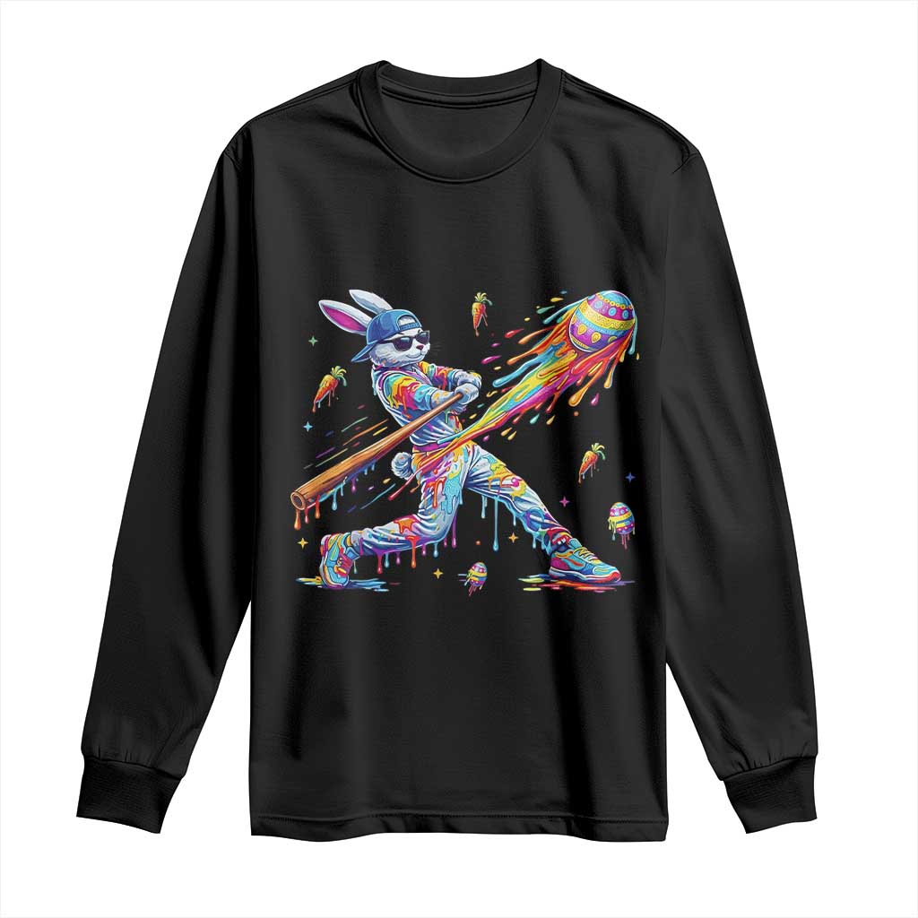 Cool Easter Bunny Baseball Player Neon Paint Splash Graphic Long Sleeve Shirt Funny Rabbit Sports with Egg Bat Hit Gift
