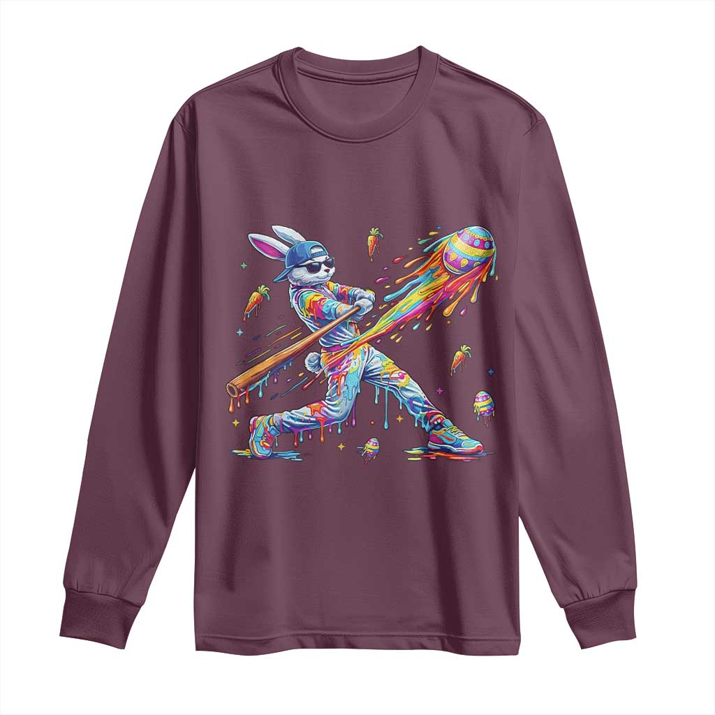 Cool Easter Bunny Baseball Player Neon Paint Splash Graphic Long Sleeve Shirt Funny Rabbit Sports with Egg Bat Hit Gift