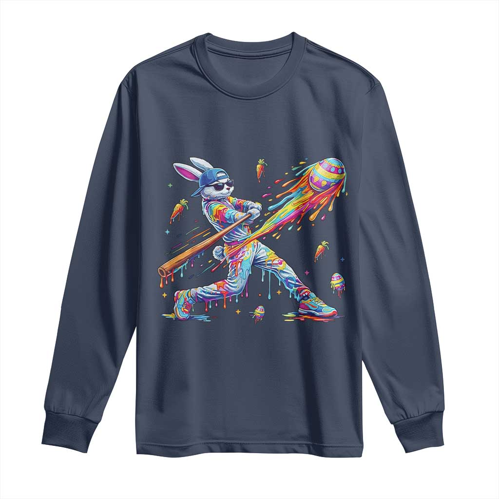 Cool Easter Bunny Baseball Player Neon Paint Splash Graphic Long Sleeve Shirt Funny Rabbit Sports with Egg Bat Hit Gift