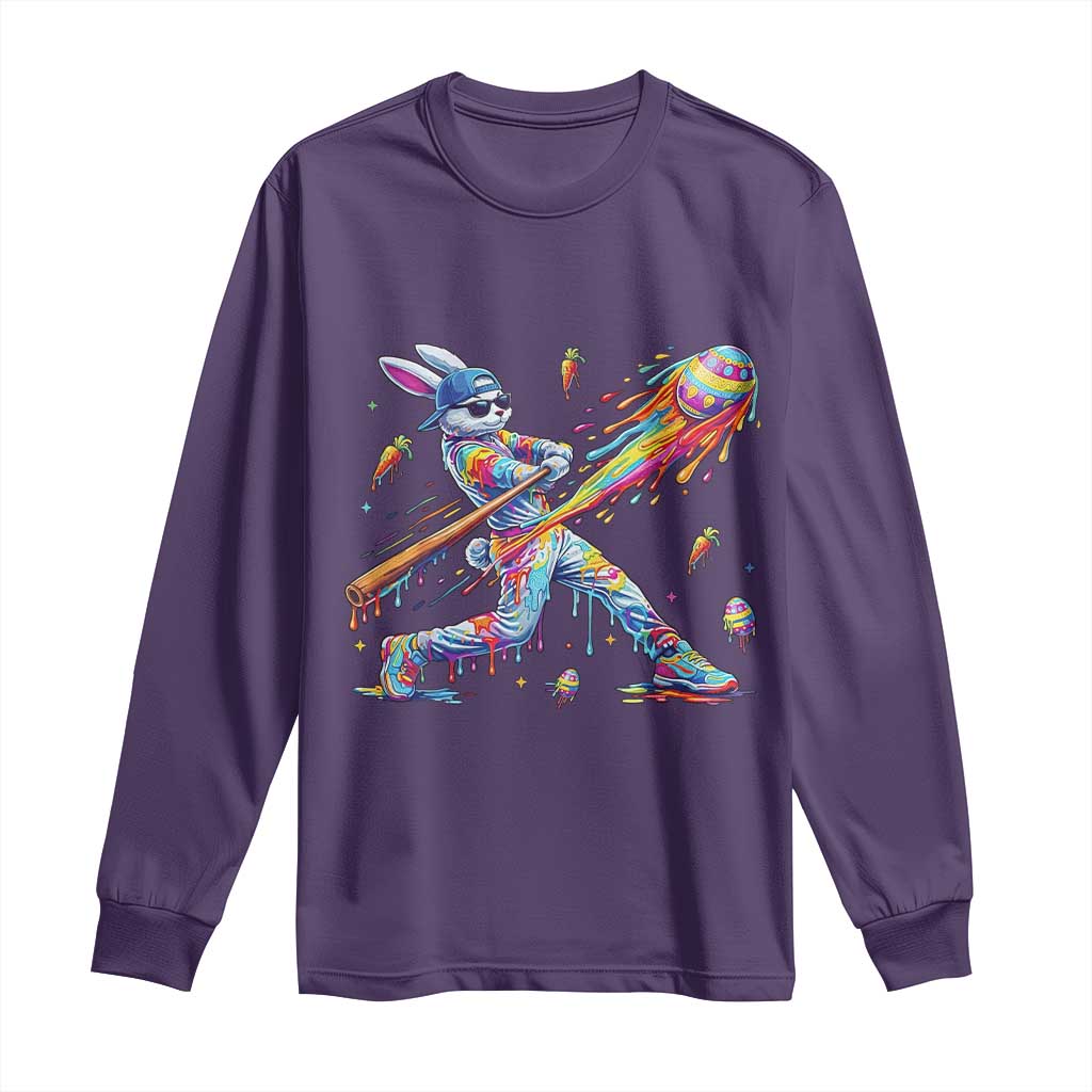 Cool Easter Bunny Baseball Player Neon Paint Splash Graphic Long Sleeve Shirt Funny Rabbit Sports with Egg Bat Hit Gift