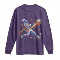 Cool Easter Bunny Baseball Player Neon Paint Splash Graphic Long Sleeve Shirt Funny Rabbit Sports with Egg Bat Hit Gift