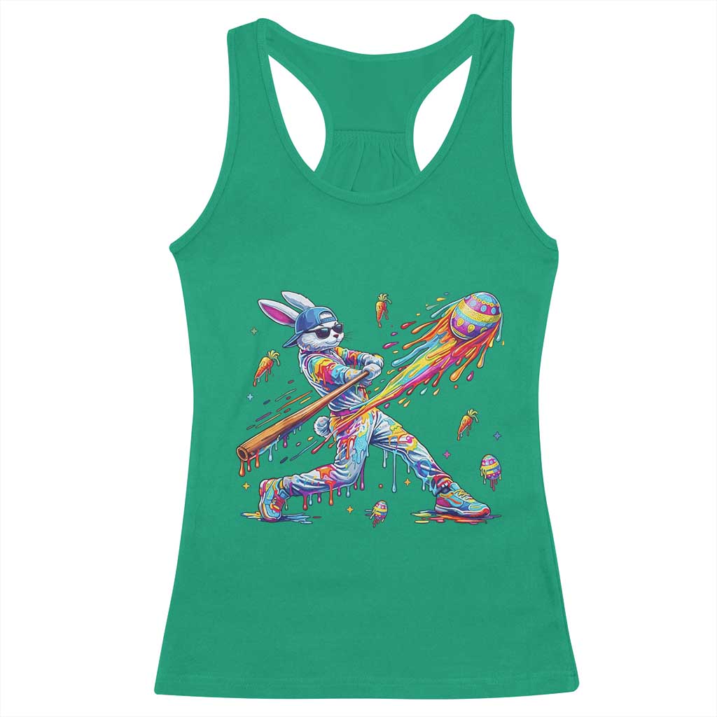Cool Easter Bunny Baseball Player Neon Paint Splash Graphic Racerback Tank Top Funny Rabbit Sports with Egg Bat Hit Gift