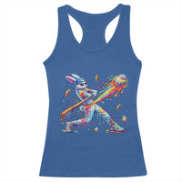 Cool Easter Bunny Baseball Player Neon Paint Splash Graphic Racerback Tank Top Funny Rabbit Sports with Egg Bat Hit Gift