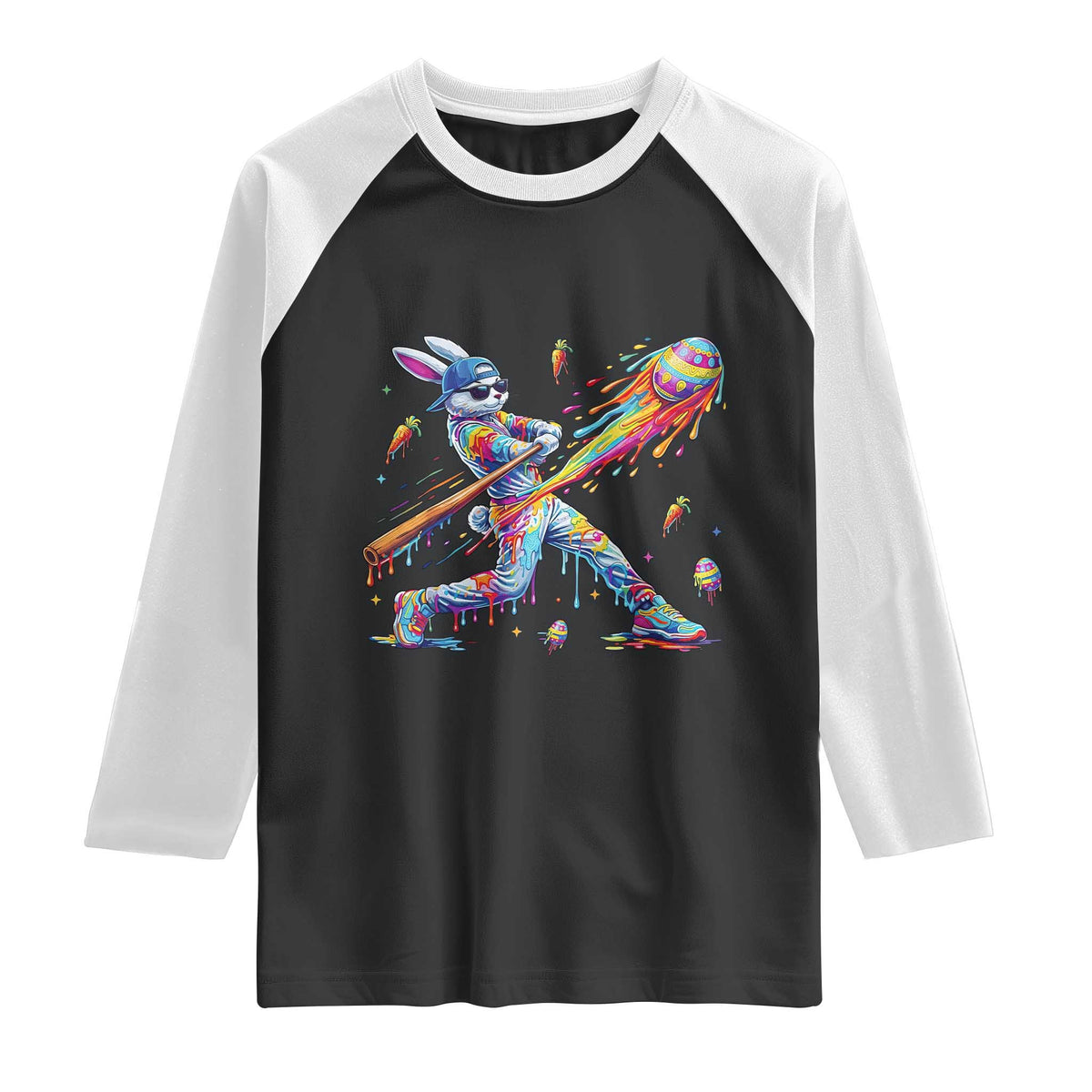 Cool Easter Bunny Baseball Player Neon Paint Splash Graphic Raglan Shirt Funny Rabbit Sports with Egg Bat Hit Gift