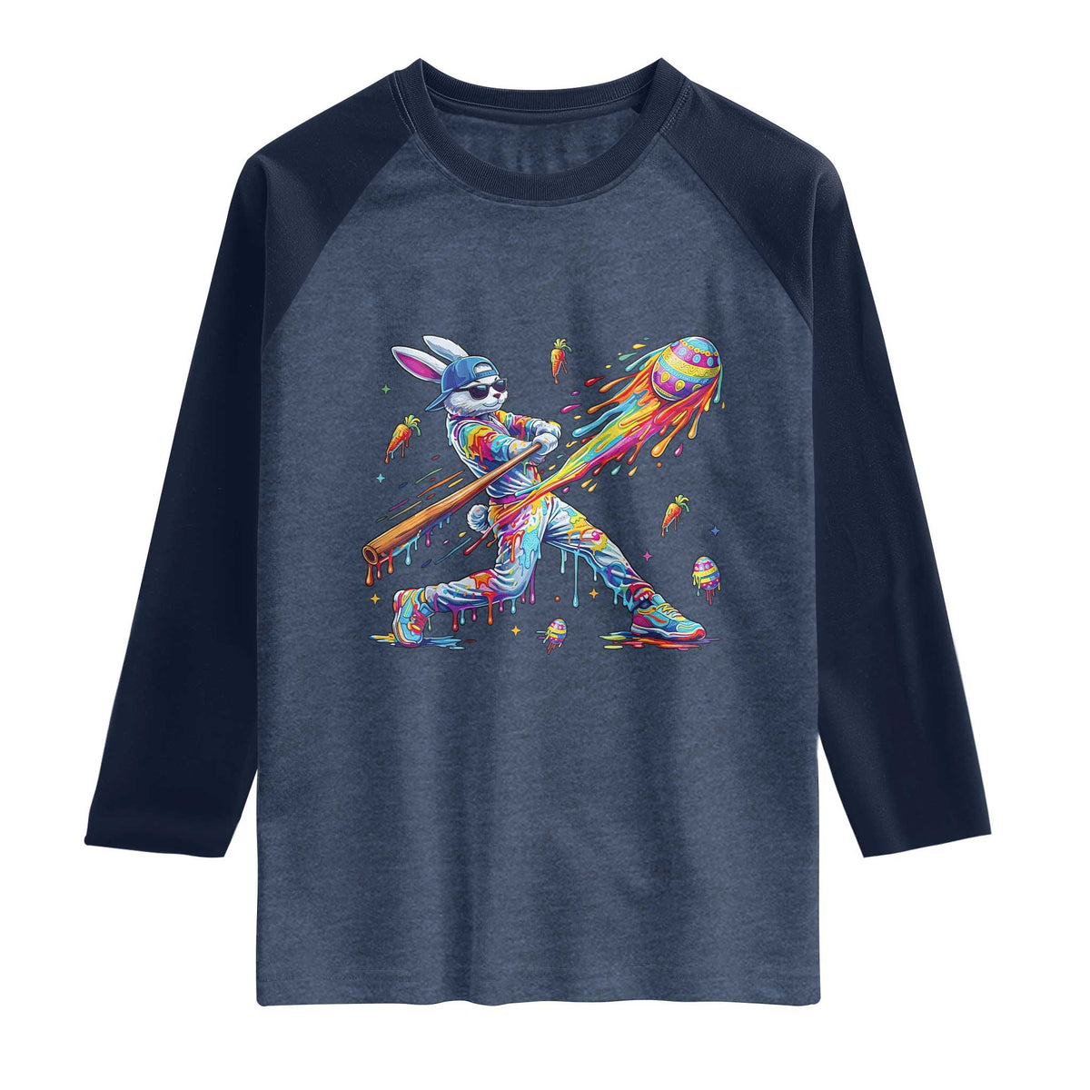 Cool Easter Bunny Baseball Player Neon Paint Splash Graphic Raglan Shirt Funny Rabbit Sports with Egg Bat Hit Gift