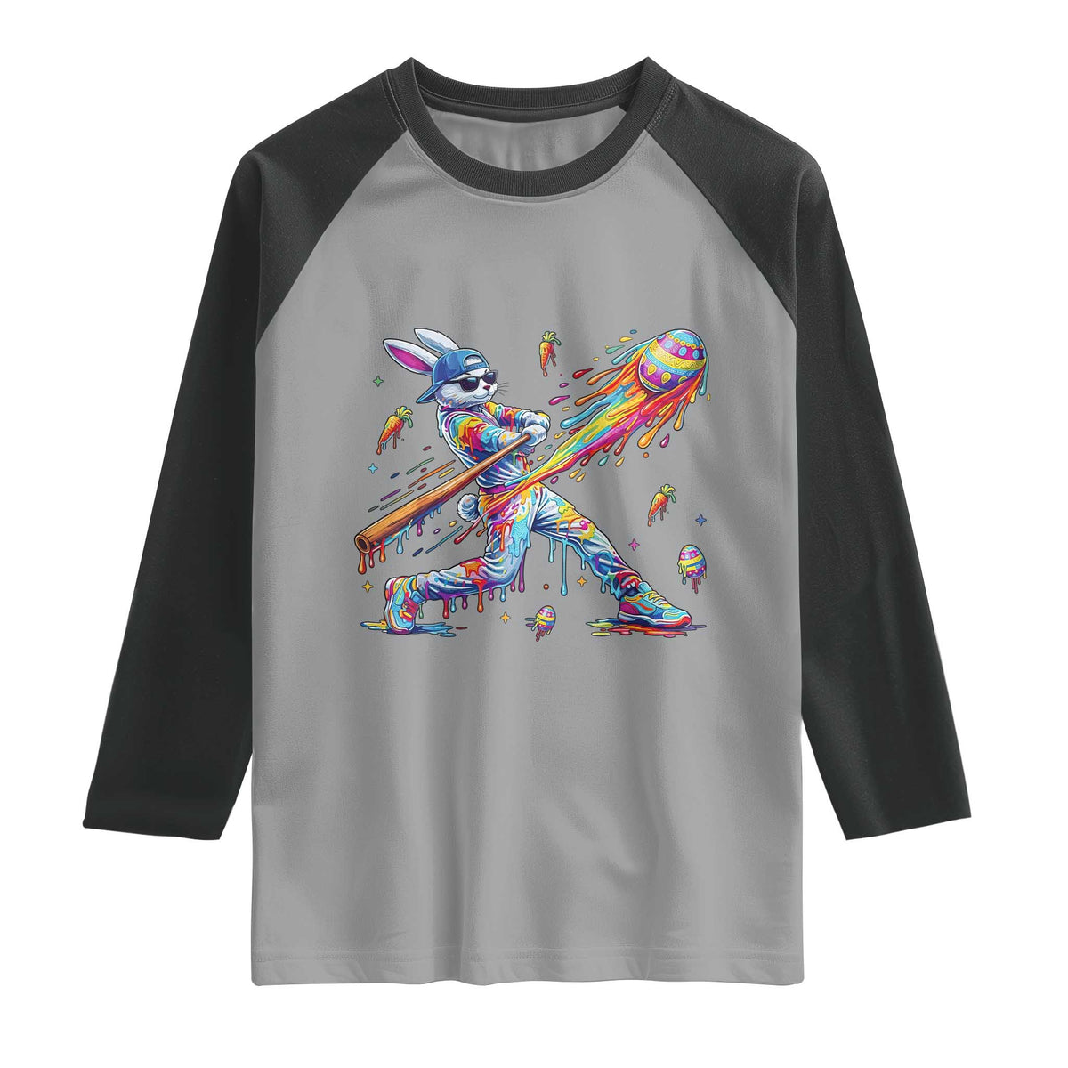 Cool Easter Bunny Baseball Player Neon Paint Splash Graphic Raglan Shirt Funny Rabbit Sports with Egg Bat Hit Gift
