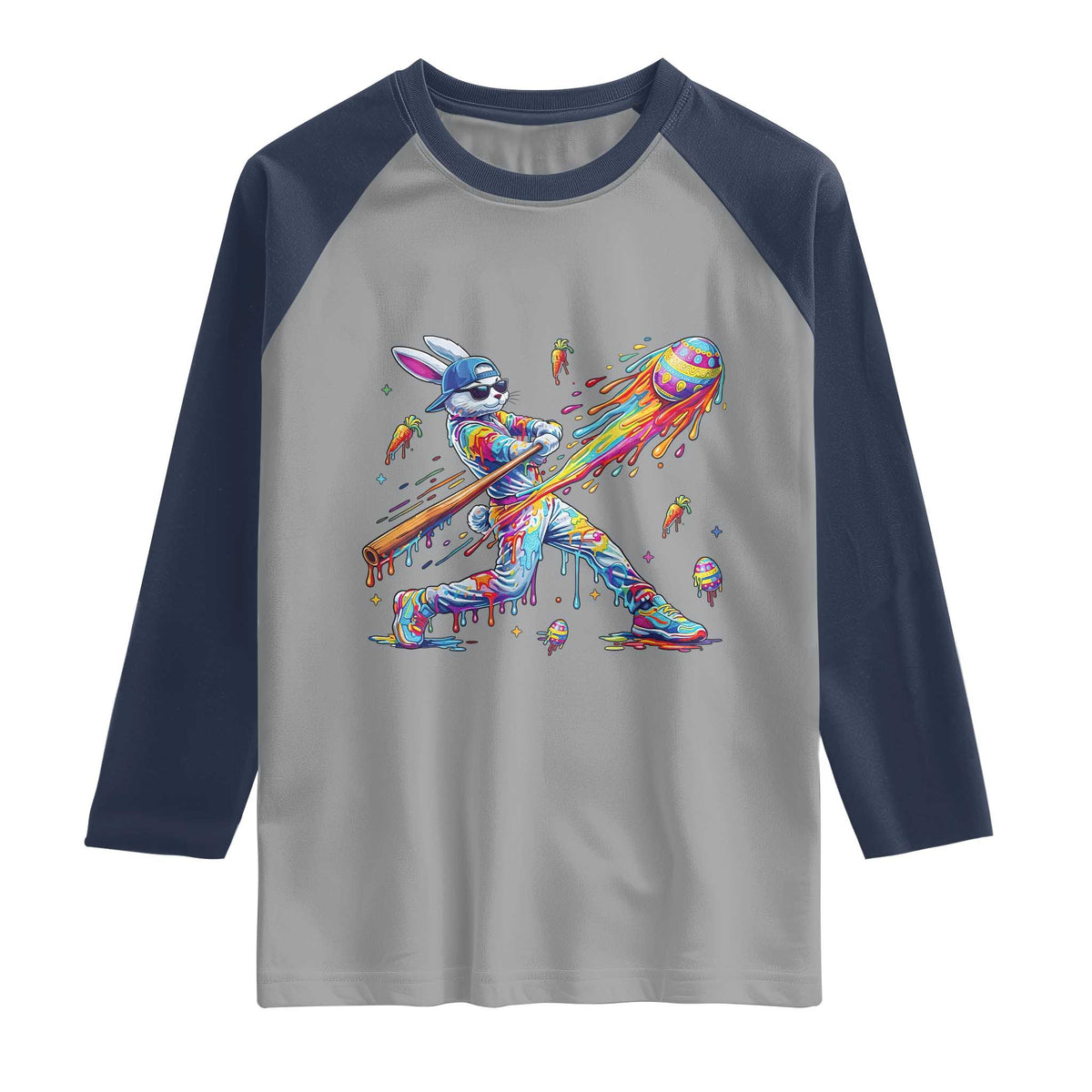 Cool Easter Bunny Baseball Player Neon Paint Splash Graphic Raglan Shirt Funny Rabbit Sports with Egg Bat Hit Gift
