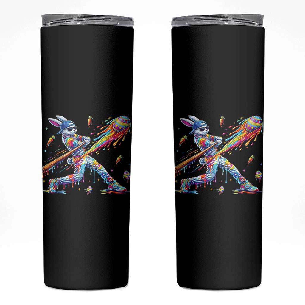 Cool Easter Bunny Baseball Player Neon Paint Splash Graphic Skinny Tumbler Funny Rabbit Sports with Egg Bat Hit Gift