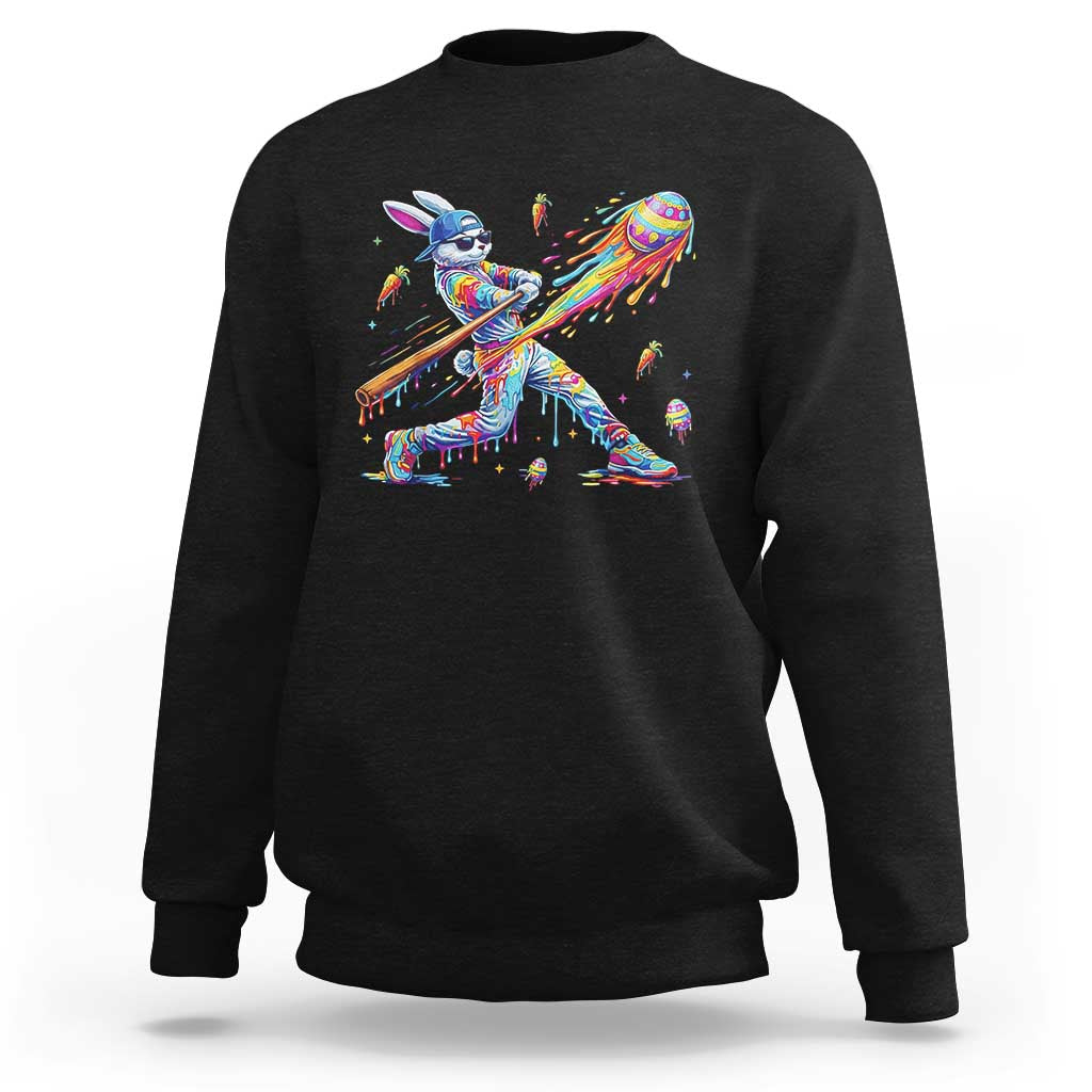 Cool Easter Bunny Baseball Player Neon Paint Splash Graphic Sweatshirt Funny Rabbit Sports with Egg Bat Hit Gift