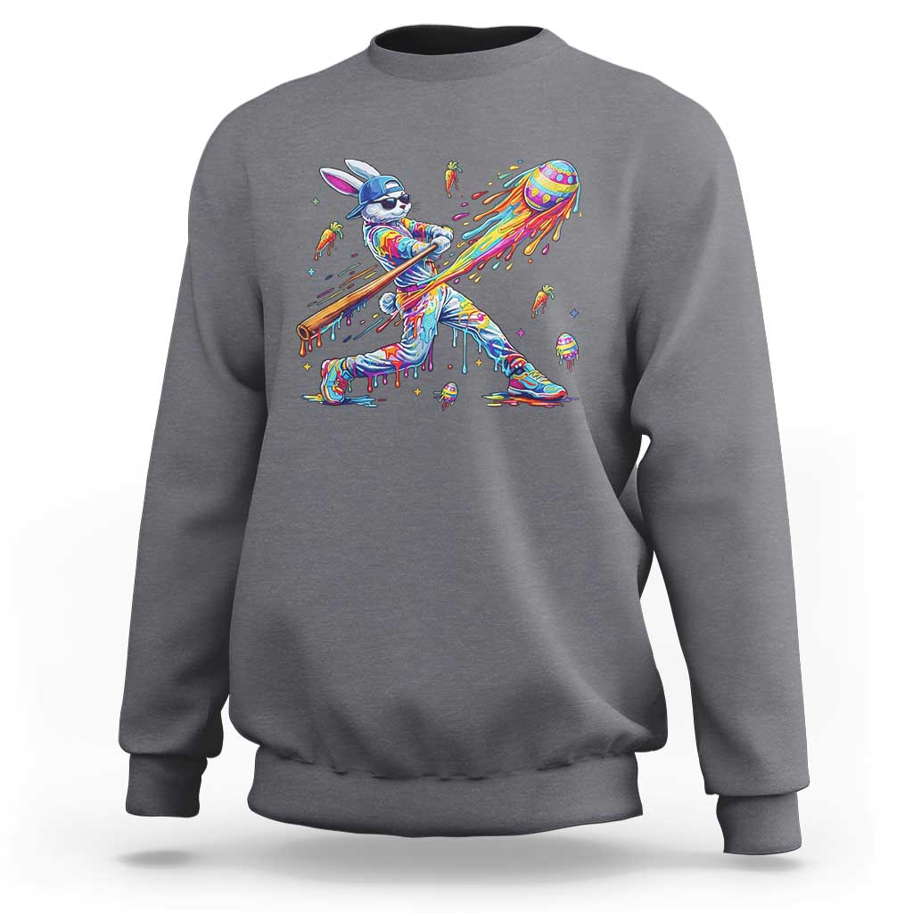 Cool Easter Bunny Baseball Player Neon Paint Splash Graphic Sweatshirt Funny Rabbit Sports with Egg Bat Hit Gift