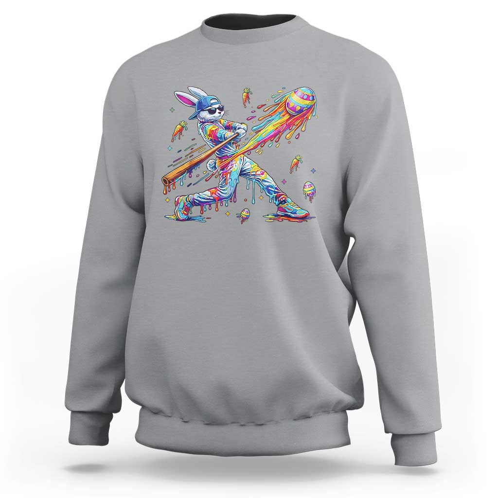 Cool Easter Bunny Baseball Player Neon Paint Splash Graphic Sweatshirt Funny Rabbit Sports with Egg Bat Hit Gift