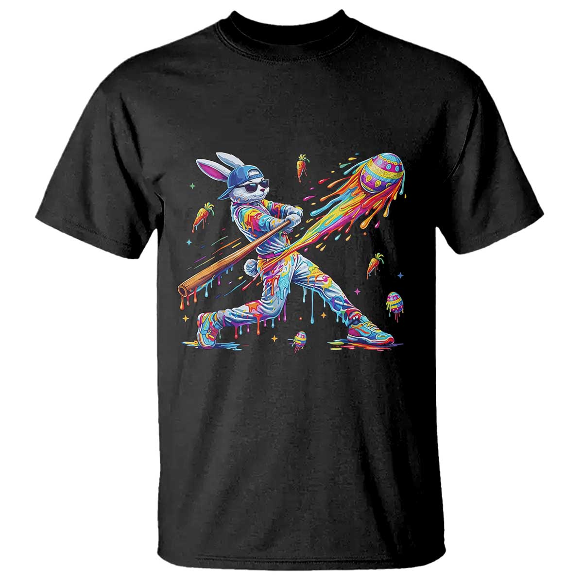 Cool Easter Bunny Baseball Player Neon Paint Splash Graphic T Shirt Funny Rabbit Sports with Egg Bat Hit Gift