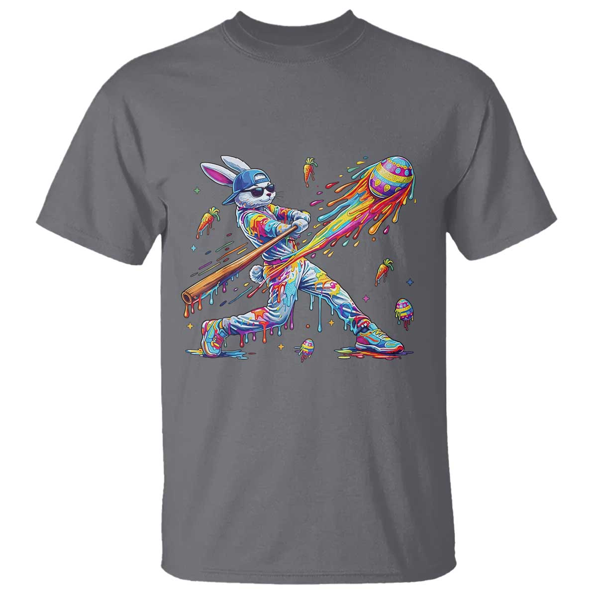 Cool Easter Bunny Baseball Player Neon Paint Splash Graphic T Shirt Funny Rabbit Sports with Egg Bat Hit Gift