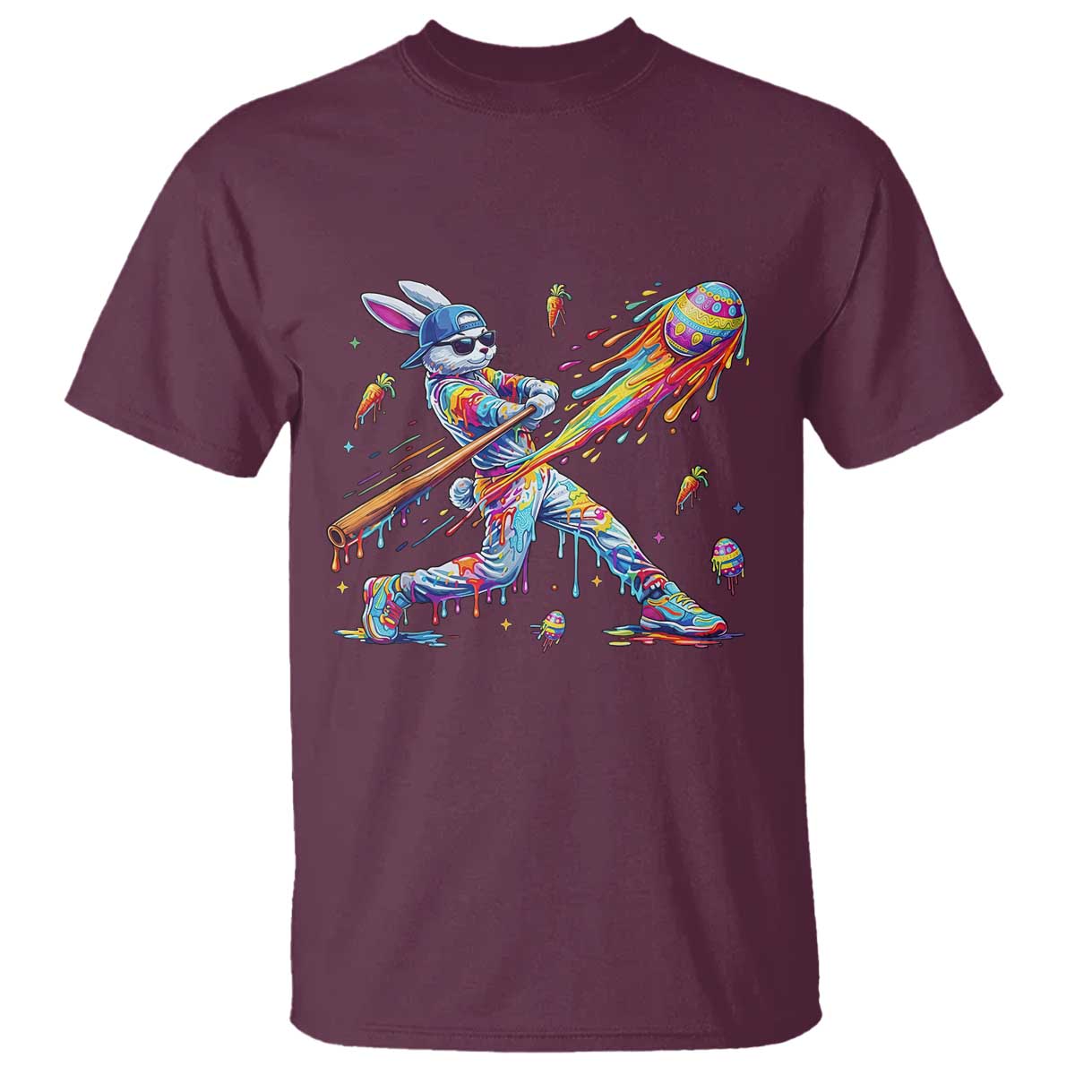 Cool Easter Bunny Baseball Player Neon Paint Splash Graphic T Shirt Funny Rabbit Sports with Egg Bat Hit Gift