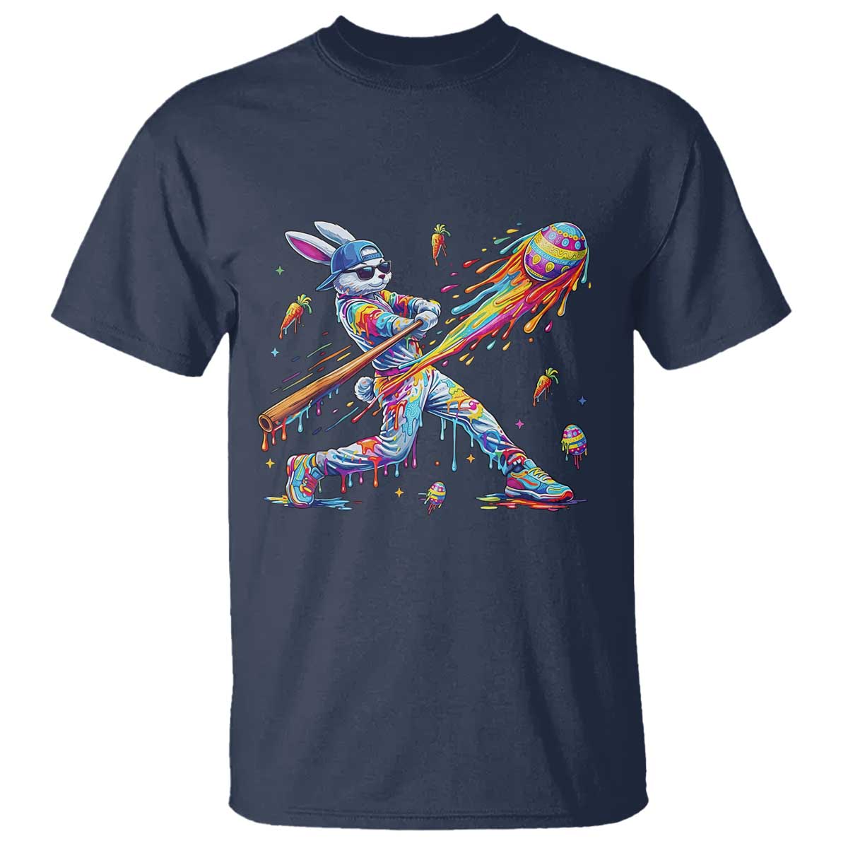 Cool Easter Bunny Baseball Player Neon Paint Splash Graphic T Shirt Funny Rabbit Sports with Egg Bat Hit Gift