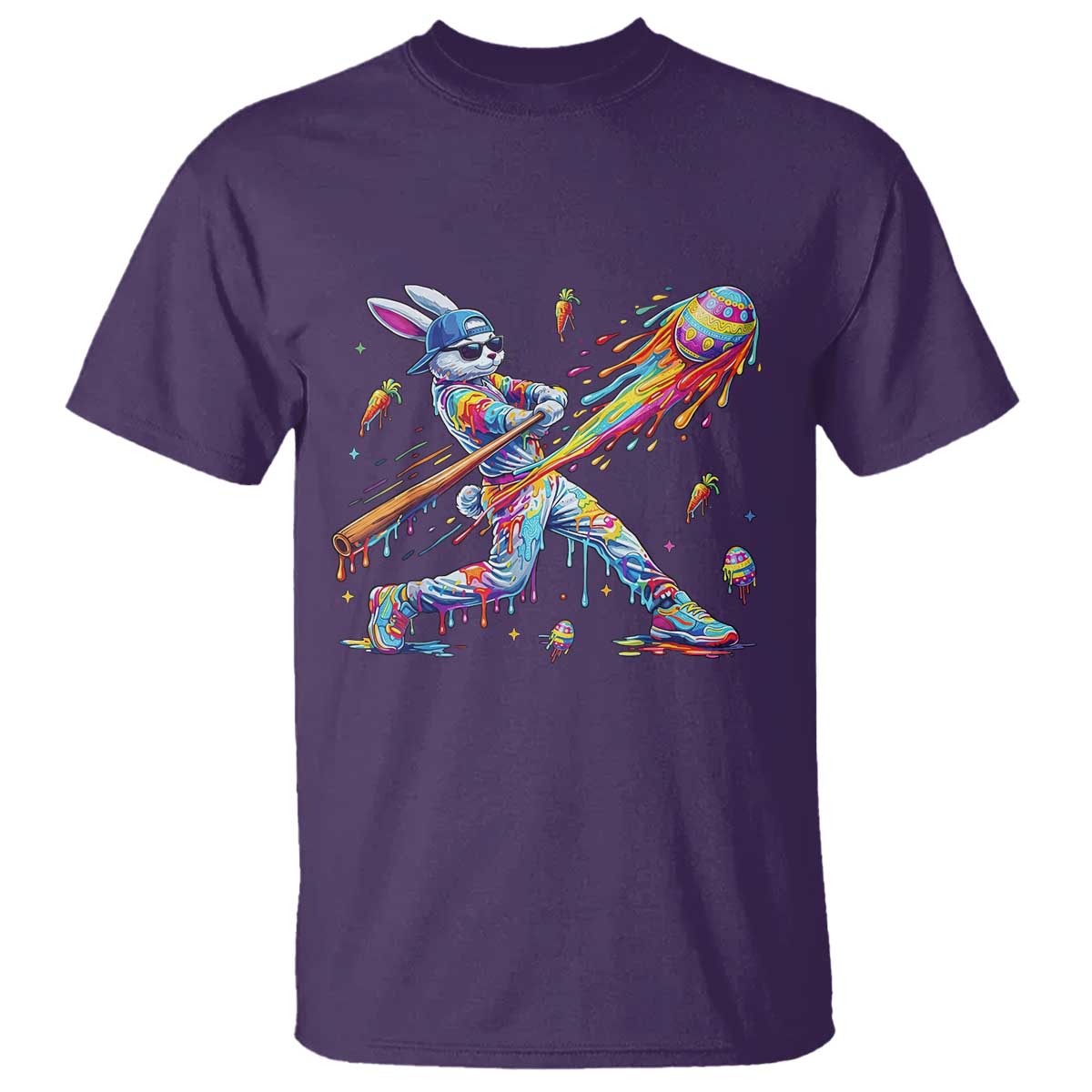 Cool Easter Bunny Baseball Player Neon Paint Splash Graphic T Shirt Funny Rabbit Sports with Egg Bat Hit Gift