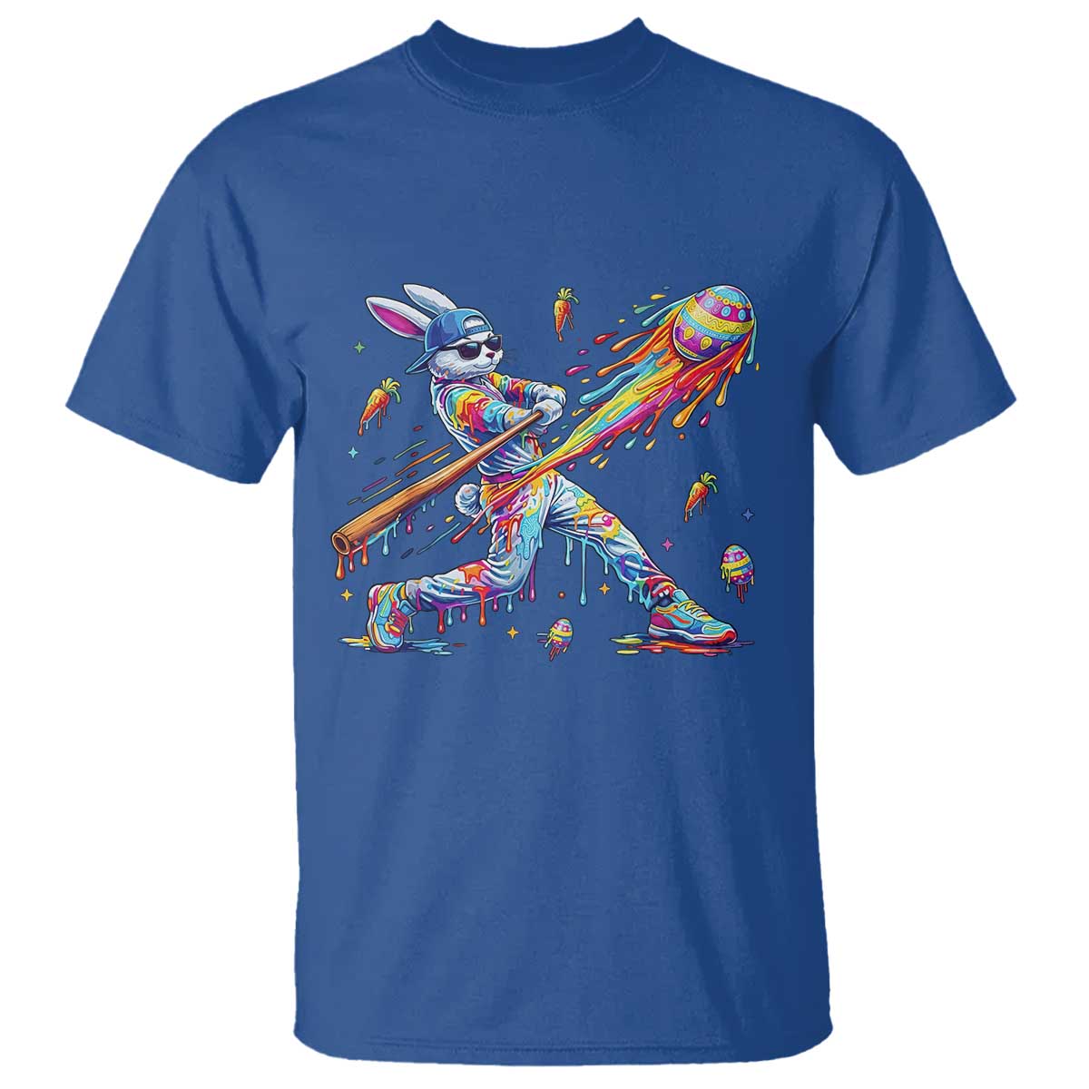 Cool Easter Bunny Baseball Player Neon Paint Splash Graphic T Shirt Funny Rabbit Sports with Egg Bat Hit Gift