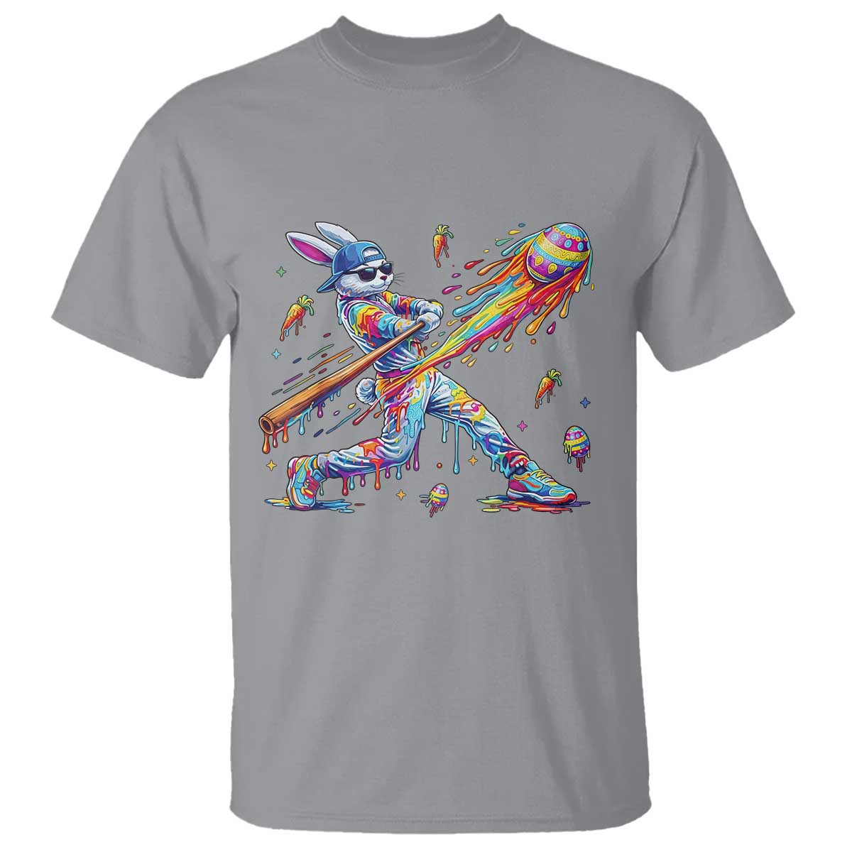 Cool Easter Bunny Baseball Player Neon Paint Splash Graphic T Shirt Funny Rabbit Sports with Egg Bat Hit Gift