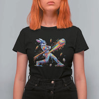 Cool Easter Bunny Baseball Player Neon Paint Splash Graphic T Shirt For Women Funny Rabbit Sports with Egg Bat Hit Gift