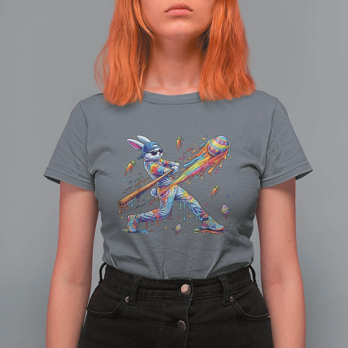 Cool Easter Bunny Baseball Player Neon Paint Splash Graphic T Shirt For Women Funny Rabbit Sports with Egg Bat Hit Gift