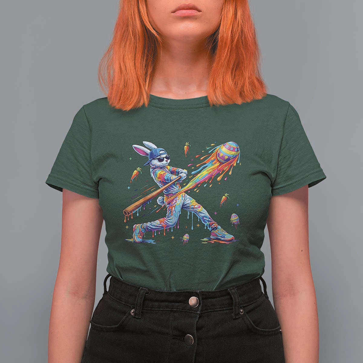 Cool Easter Bunny Baseball Player Neon Paint Splash Graphic T Shirt For Women Funny Rabbit Sports with Egg Bat Hit Gift
