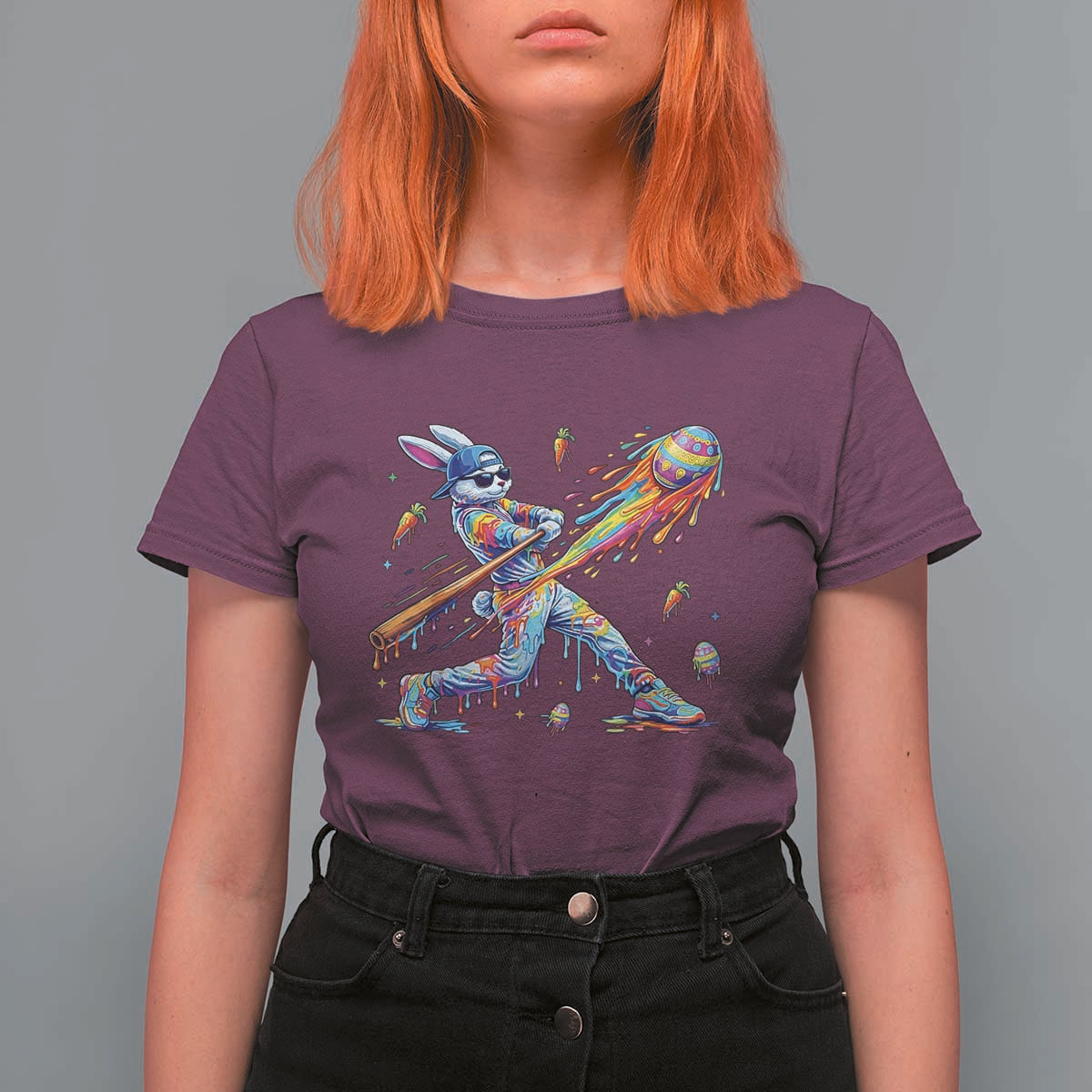 Cool Easter Bunny Baseball Player Neon Paint Splash Graphic T Shirt For Women Funny Rabbit Sports with Egg Bat Hit Gift