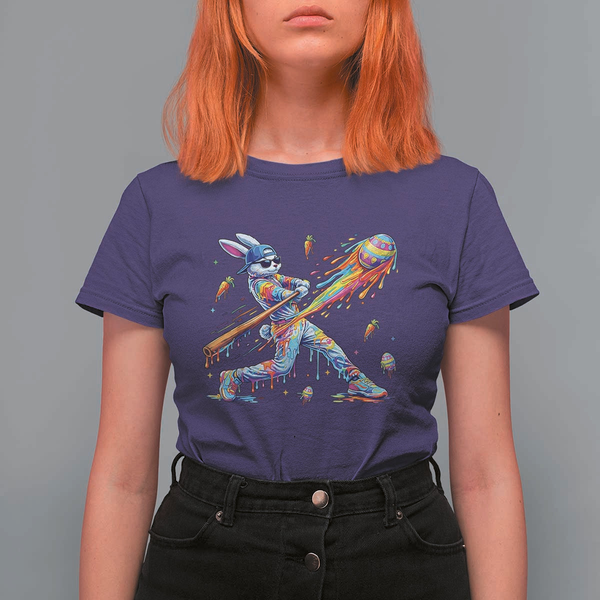 Cool Easter Bunny Baseball Player Neon Paint Splash Graphic T Shirt For Women Funny Rabbit Sports with Egg Bat Hit Gift