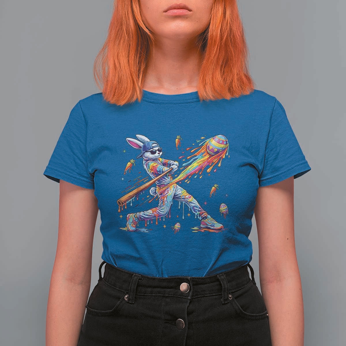 Cool Easter Bunny Baseball Player Neon Paint Splash Graphic T Shirt For Women Funny Rabbit Sports with Egg Bat Hit Gift