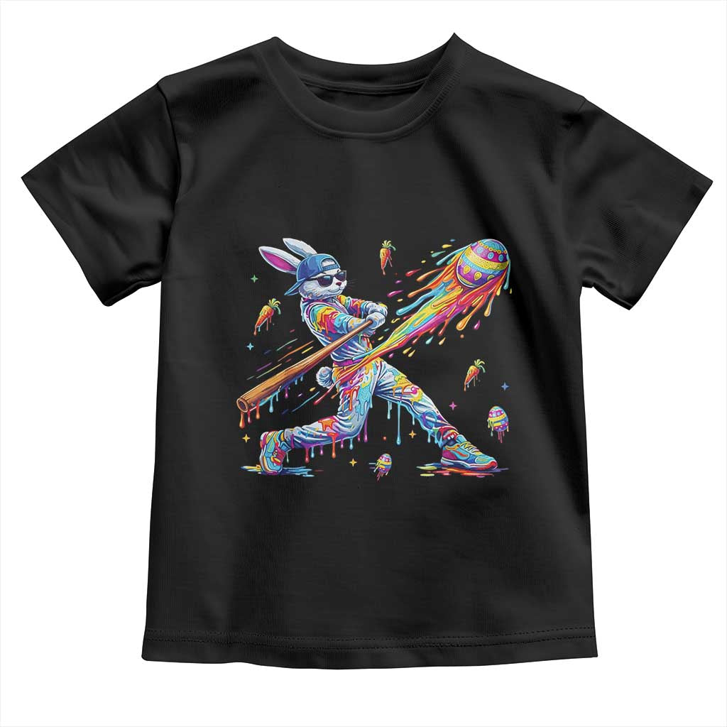 Cool Easter Bunny Baseball Player Neon Paint Splash Graphic Toddler T Shirt Funny Rabbit Sports with Egg Bat Hit Gift