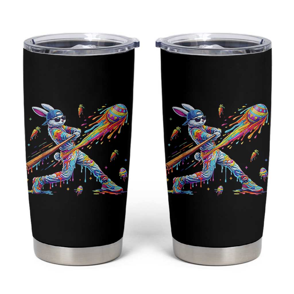 Cool Easter Bunny Baseball Player Neon Paint Splash Graphic Tumbler Cup Funny Rabbit Sports with Egg Bat Hit Gift
