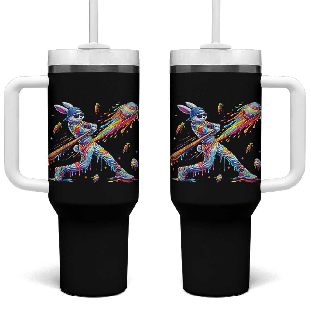Cool Easter Bunny Baseball Player Neon Paint Splash Graphic Tumbler With Handle Funny Rabbit Sports with Egg Bat Hit Gift