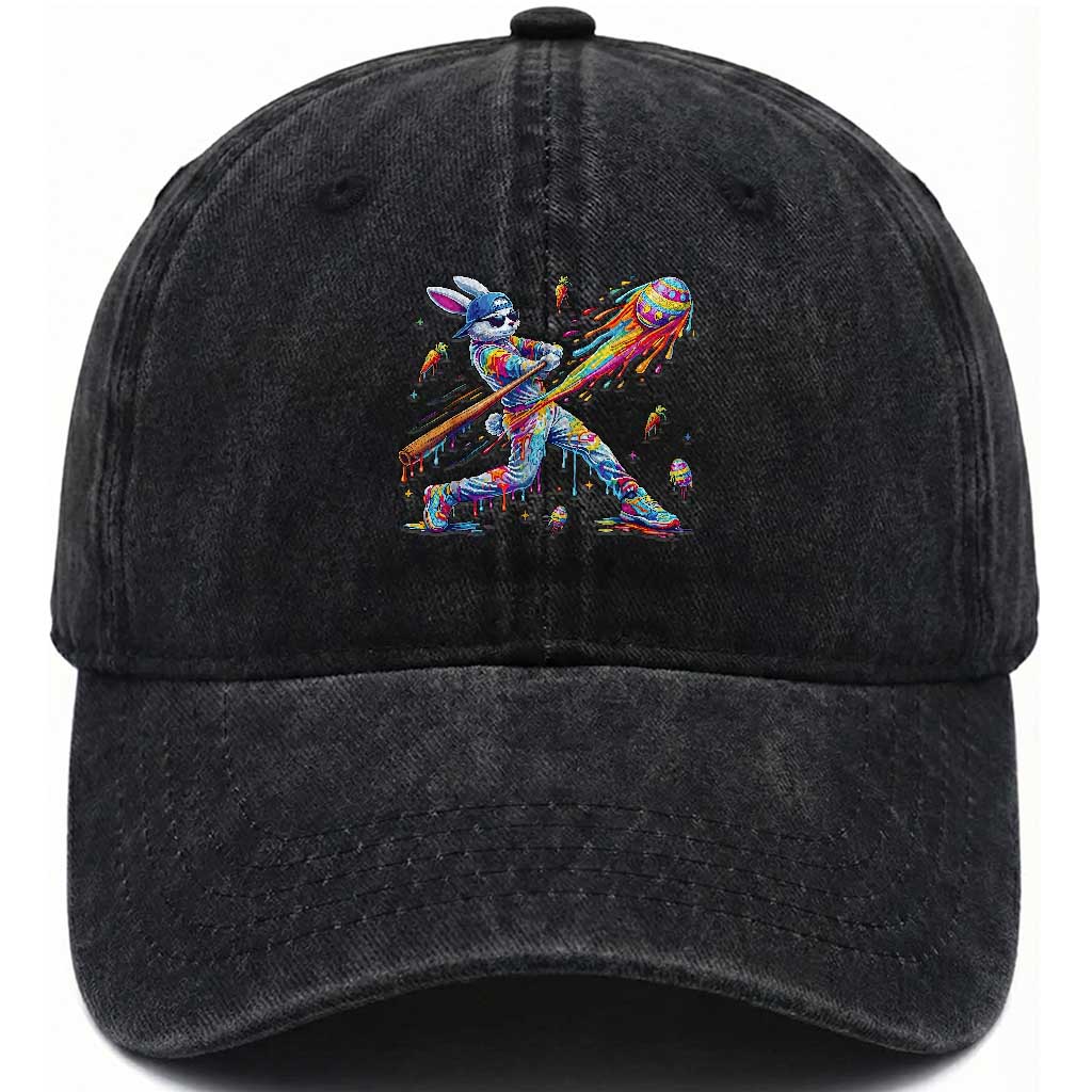 Cool Easter Bunny Baseball Player Neon Paint Splash Graphic Washed Cotton Baseball Cap Funny Rabbit Sports with Egg Bat Hit Gift