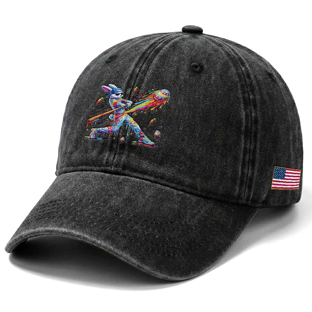Cool Easter Bunny Baseball Player Neon Paint Splash Graphic Washed Cotton Baseball Cap Funny Rabbit Sports with Egg Bat Hit Gift