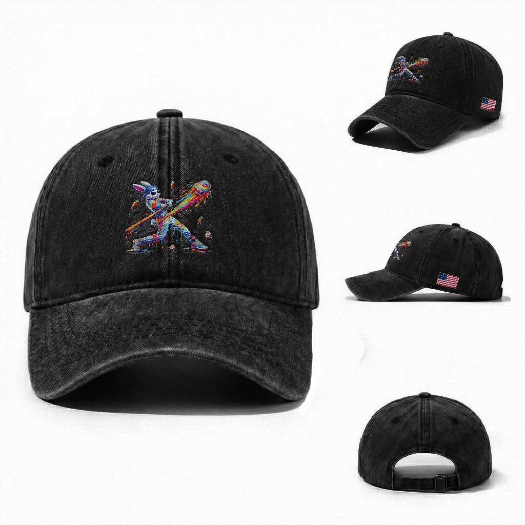 Cool Easter Bunny Baseball Player Neon Paint Splash Graphic Washed Cotton Baseball Cap Funny Rabbit Sports with Egg Bat Hit Gift
