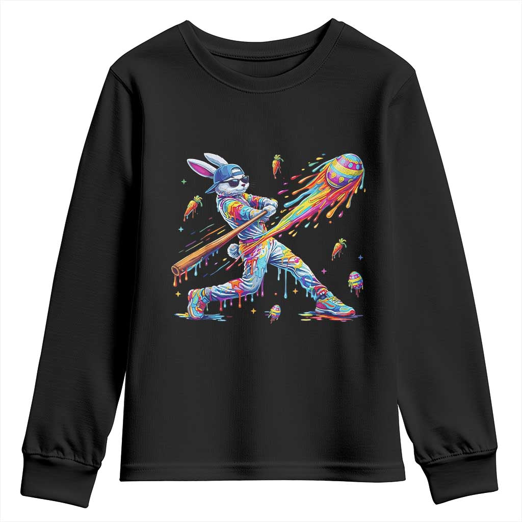 Cool Easter Bunny Baseball Player Neon Paint Splash Graphic Youth Sweatshirt Funny Rabbit Sports with Egg Bat Hit Gift